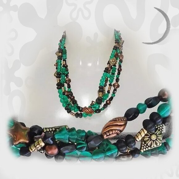 Vintage Emerald Green Glass & Copper Multi Strand Bead Necklace, OOAK - Picture 1 of 10